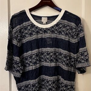 Maeve Navy and White Lace-Striped Short Sleeve Tee